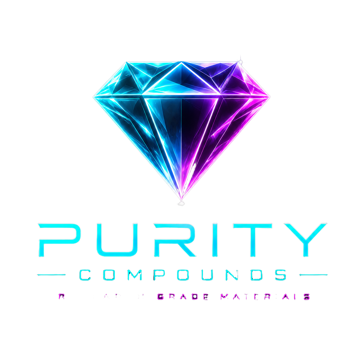 Remove the black background from this logo image, keeping only the diamond gem graphic and the "PURITY COMPOUNDS - RESEARCH GRADE MATERIALS" text with their cyan and magenta neon glow effects. Make the background fully transparent.
