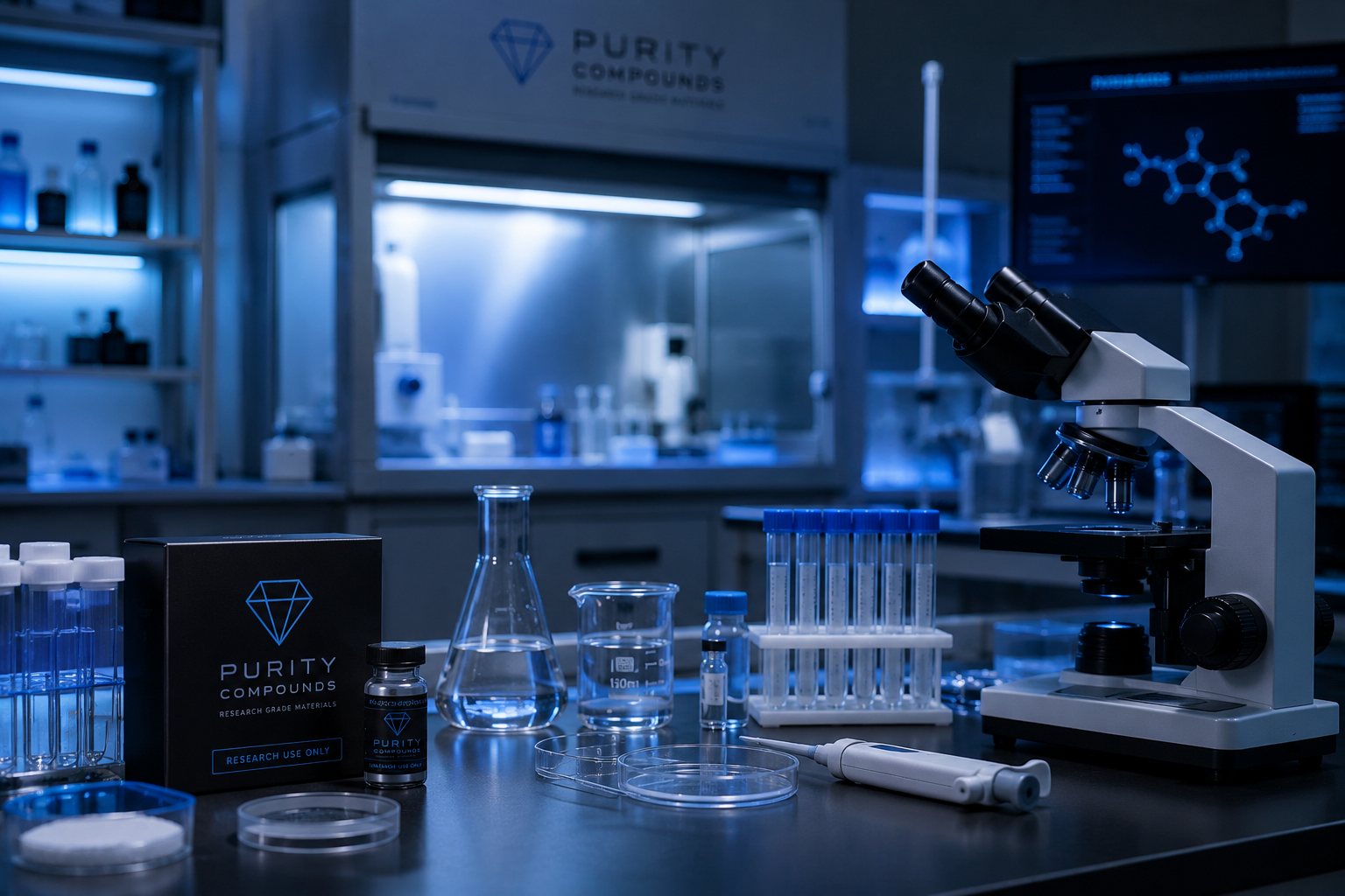Professional laboratory setup with microscope, research compounds, and Purity Compounds branding in blue lighting